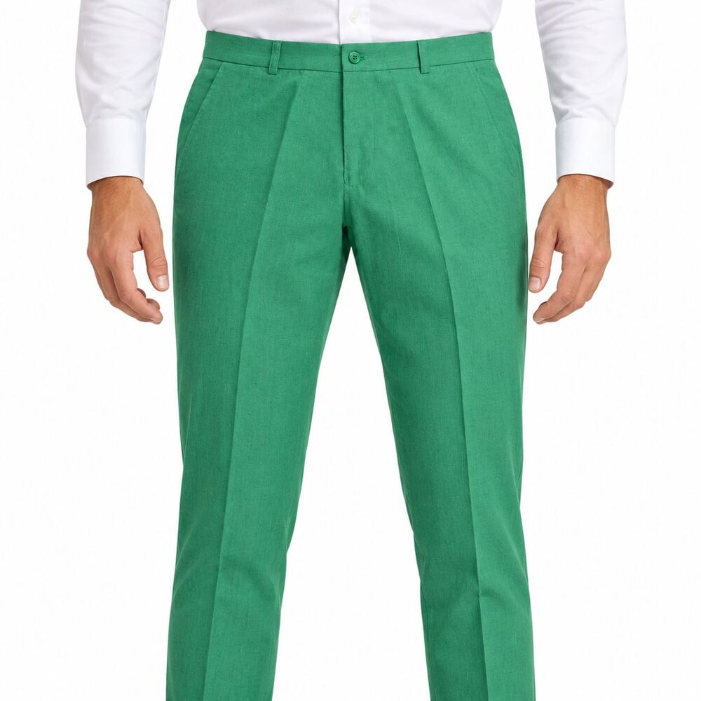 Mens 36 Emerald Green Cotton Slim Fit Flat Front Dress Pants Handmade Trousers